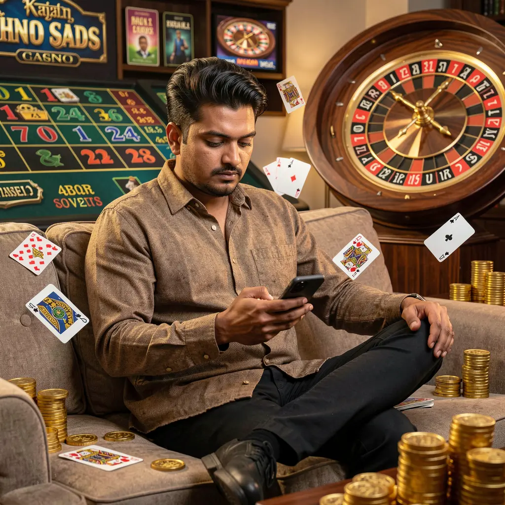 Young Bangladeshi player using the F222 mobile casino app while sitting on a couch surrounded by roulette wheels playing cards and gold coins