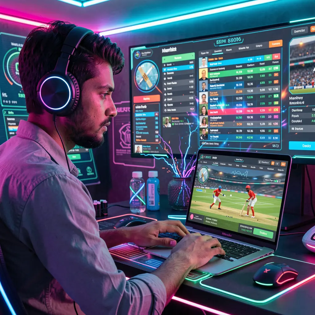 Focused Bangladeshi sports bettor analyzing live cricket odds on a laptop with vibrant neon visuals using the F222 betting platform