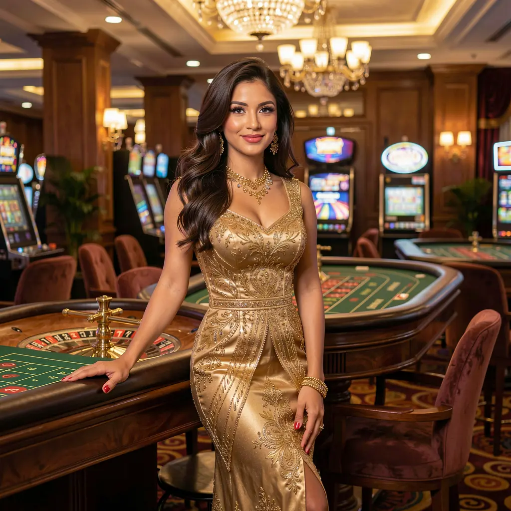 A glamorous casino hostess in a sparkling gold dress standing by a roulette wheel in a luxurious gaming hall at F222 Casino, offering an immersive live casino experience to players in Bangladesh