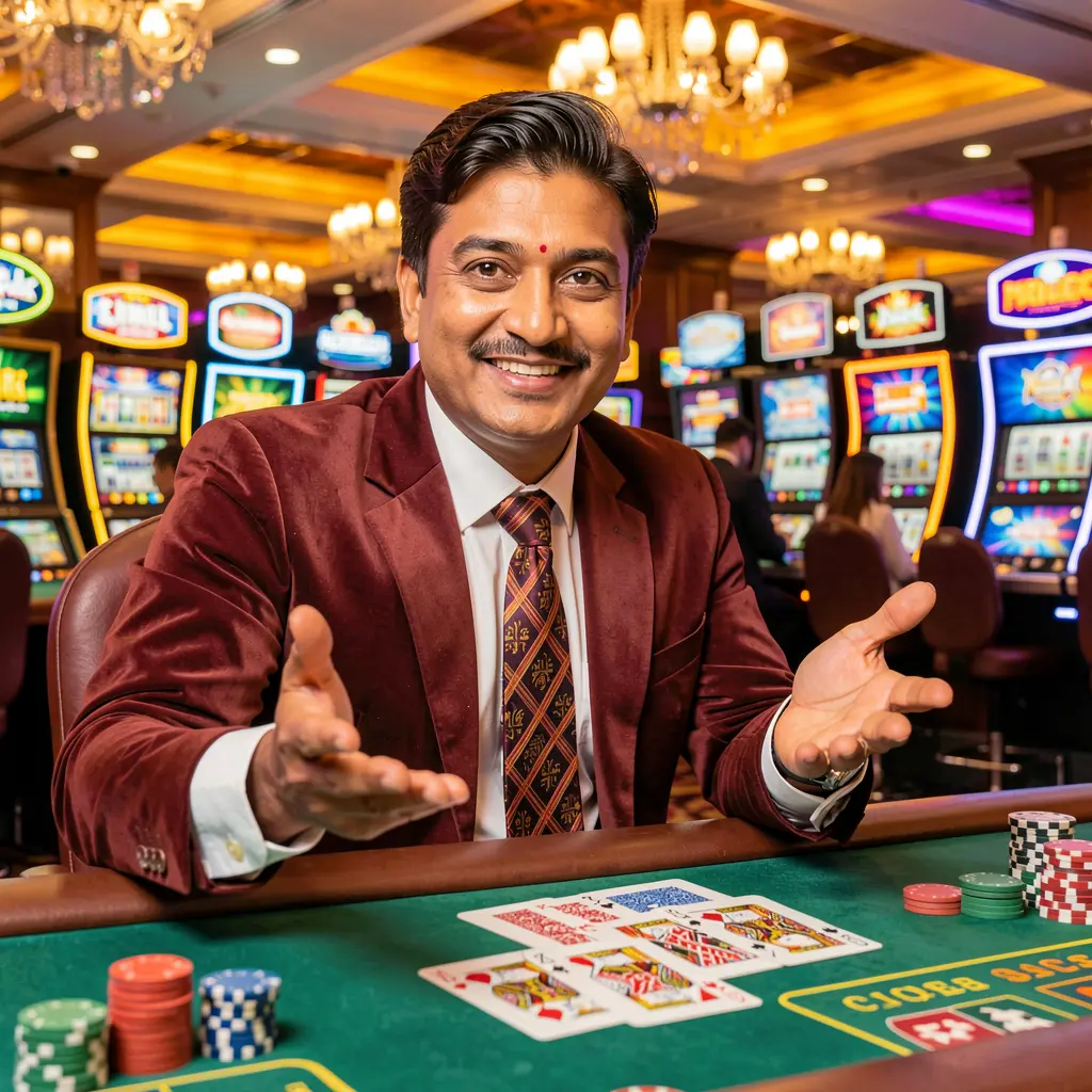 Friendly Bangladeshi casino host welcoming players at a vibrant table with cards and chips representing the trusted F222 login experience